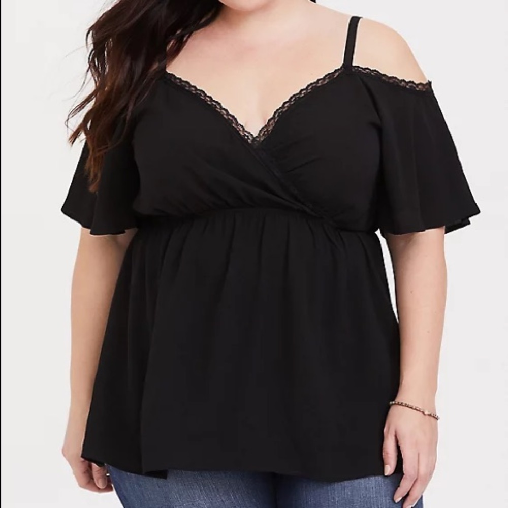 Torrid- Lace Trimmed Cold Shoulder Surplice Top